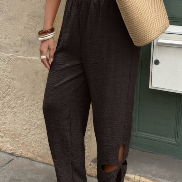 Coffee Brown Elastic Waist Pants | Loose Fit Hollow Out Long Trousers - Picture 3 of 4